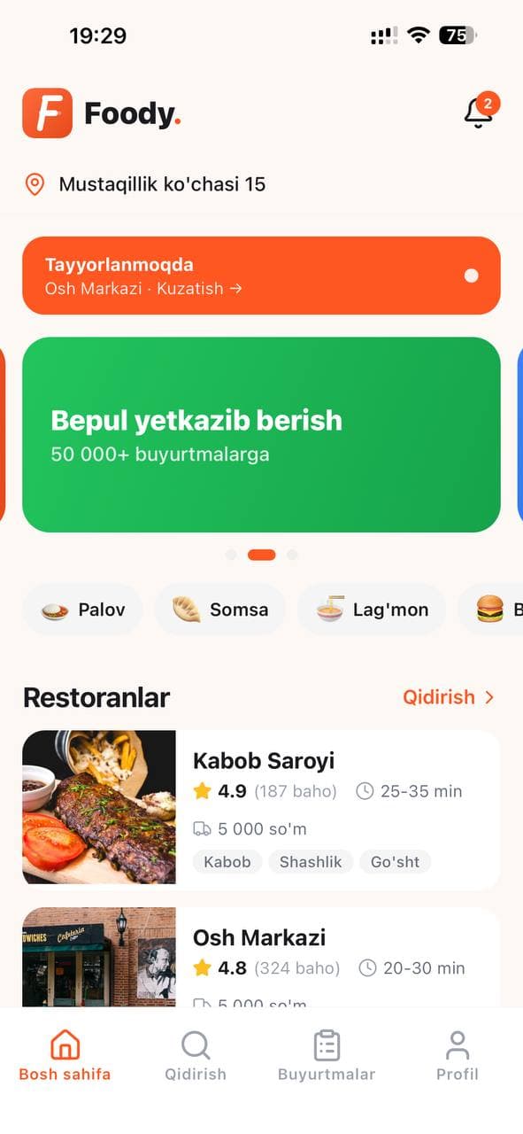Foody app — bosh sahifa